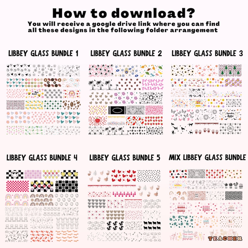 K&ouml;nnte beinhalten: Ein digitaler Download von f&uuml;nf Bundles mit druckbaren Designs zur individuellen Gestaltung von Libbey-Glasbechern. Jedes Bundle enth&auml;lt eine Vielzahl von Mustern, darunter Herzen, Blumen, Tiere und geometrische Formen. Die Designs sind perfekt, um Ihrem Glasgeschirr eine pers&ouml;nliche Note zu verleihen.