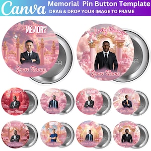 10 In Loving Memory Pink Pin Button Canva Editable Templates, Memorial Pin Button Canva Designs, Funeral Button Favors, RIP PNG Templates