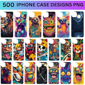 Puede incluir: Una colección de 500 diseños de carcasas para iPhone que presentan una variedad de ilustraciones coloridas y creativas. Los diseños incluyen animales, personajes, patrones abstractos y mucho más.