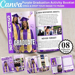 May include: A purple graduation activity booklet with the text "Purple Graduation Activity Booklet" and "Drag & Drop Your Image to Frame." The booklet features images of graduates and includes the text "Senior Graduate New York University."