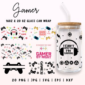 Gamer Libbey Glass SVG, Gamer Fuel Can Wrap, Video Game Controller svg, 16oz & 20oz Libbey Can Wrap, SVG Files for Cricut, Glassware svg