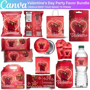May include: A Valentine's Day party favor bundle featuring various red-themed items. The items include bags, candy wrappers, a button, tags, a can, a water bottle, and a box, all with a heart design and the words "Be My Valentine."