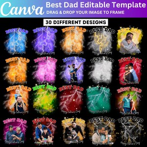 Puede incluir: Una plantilla digital con 30 dise&ntilde;os diferentes para el D&iacute;a del Padre. Cada dise&ntilde;o presenta el texto "Best Dad" con un efecto de rayo y una foto de un padre y un hijo. El logotipo de Canva est&aacute; en la esquina superior izquierda.