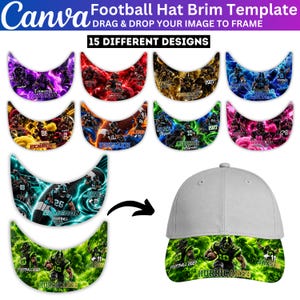 Peut inclure: Un modèle Canva numérique pour visières de casquette de football comprenant 15 designs graphiques distincts avec de la fumée colorée, des éclairs et des joueurs. Le modèle inclut une casquette grise montrant l'application du design.