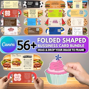 Op de afbeelding: Een verzameling kleurrijke, gevouwen visitekaartjes met diverse ontwerpen, waaronder eten en dierenillustraties. De kaarten bevatten tekst zoals "Book a Consultation" en "Restaurant". De afbeelding bevat ook de tekst "56+ FOLDED SHAPED BUSINESS CARD BUNDLE".