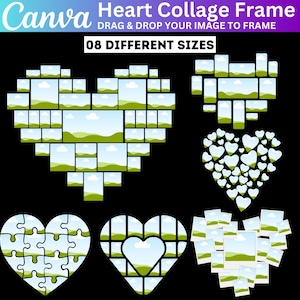 May include: Eight different heart-shaped photo collage frames. The frames are made up of various sized squares and rectangles. Some frames are made up of hearts. The frames are on a black background.
