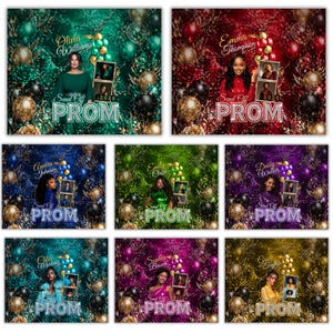 May include: A collection of prom send-off portraits. Each portrait features a woman, the text "Send Off PROM", and the year "2026" or "2028". The backgrounds vary in color, including green, red, blue, purple, and gold, with balloons and decorative elements.