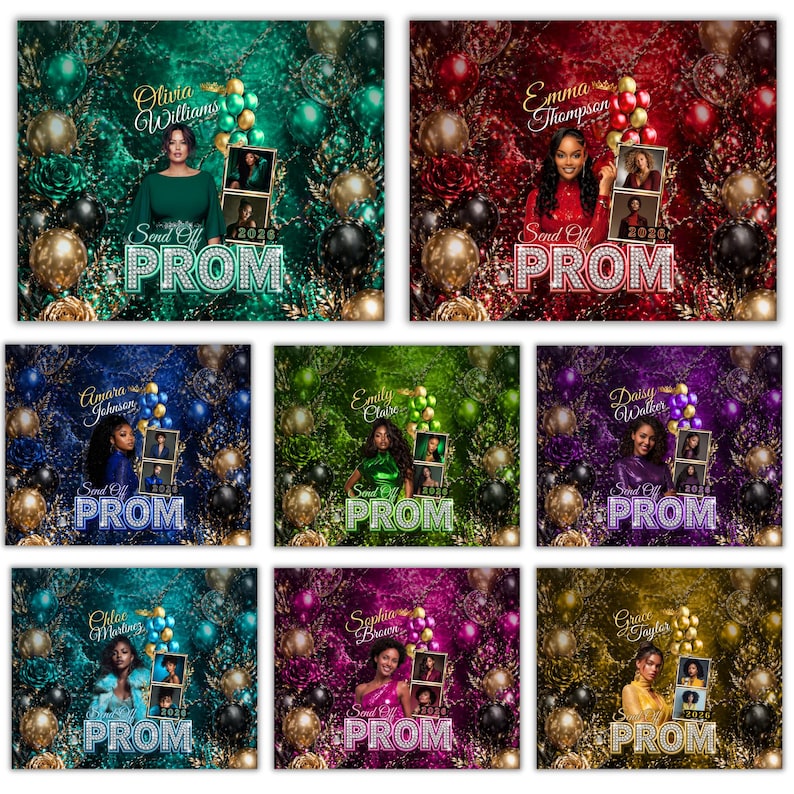 May include: A collection of prom send-off portraits. Each portrait features a woman, the text "Send Off PROM", and the year "2026" or "2028". The backgrounds vary in color, including green, red, blue, purple, and gold, with balloons and decorative elements.