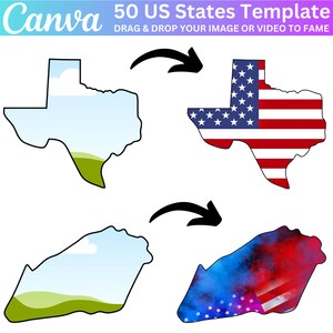 May include: A template for creating images of the 50 US states. The template includes outlines of Texas and North Carolina. The outlines can be filled with a variety of images, including the American flag, a watercolor design, and a sky and grass design.