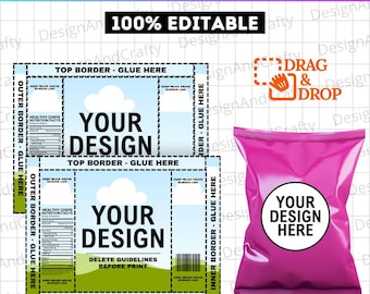 May include: A Canva chip bag template with the text "Canva Chip Bag Canva Template" and "100% Editable". The design includes a pink chip bag mockup and a template with the text "Your Design" and "Drag & Drop".