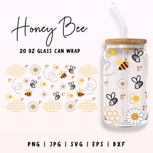 20oz Honeycomb Libbey Glass Can Svg, Bee Glass Can Wrap, Bee Floral can Wrap, Bee and daisy Libbey glass,Bee and Daisy svg files for Cricut