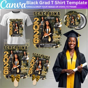 May include: A white t-shirt, graduation-themed designs, and a button are displayed. The designs feature a graduate's image, name, and the year 2026, with text reading "New Chapter is Loading" and "The Future is Mine".