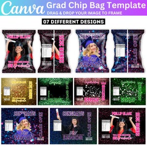 07 Examensgåva med chippåse i Canva redigerbar mall, examensfestgåva med chippåse, grattis-examen 2025 malldesign festgåva i Canva etikettdesign