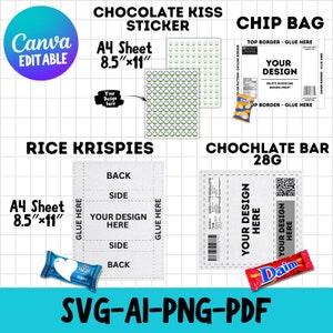 Diy Pakeging Template Bundle, chip bag template, Chip Bag Template, Rice Krispies Template, Chocolate Bar Wrapper Template, Instant Download