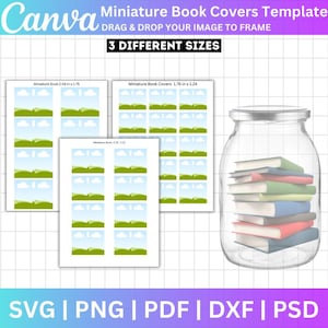 May include: Three printable sheets of miniature book covers with a green hill and white clouds design. The covers are in three different sizes: 2.49 inches by 1.75 inches, 1.76 inches by 1.24 inches, and 2.79 inches by 2.32 inches. The sheets are displayed next to a glass jar filled with a stack of books.