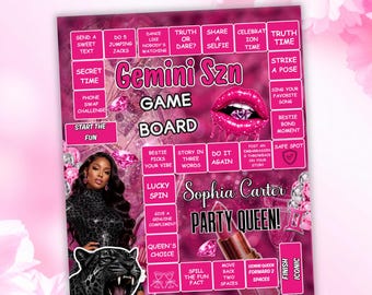Juego de mesa de cumpleaños Gemini SZN, juego de cumpleaños con estampado de guepardo editable en Canva, actividad de cumpleaños astrológica, tablero para beber Gemini SZN, digital