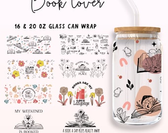 May include: A set of 20 printable designs for 16 and 20 ounce glass can wraps featuring book-themed illustrations and quotes. The designs include a variety of colors, including pink, yellow, green, and black. The designs are perfect for book lovers and can be used to personalize your favorite glass can.