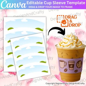 K&ouml;nnte beinhalten: Eine editierbare Becherh&uuml;llen-Vorlage mit einem Design aus blauem Himmel und gr&uuml;nen H&uuml;geln. Das Bild enth&auml;lt ein Mock-up eines Eiskaffees mit einer lila H&uuml;lle mit kaffeebezogenen Grafiken. Das Canva-Logo ist sichtbar.