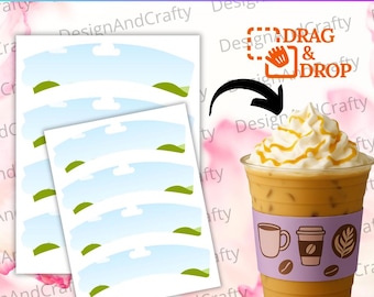 Puede incluir: Una plantilla de funda de taza editable con un diseño de cielos azules y colinas verdes. La imagen incluye una maqueta de un café helado con una funda morada con gráficos relacionados con el café. El logotipo de Canva es visible.