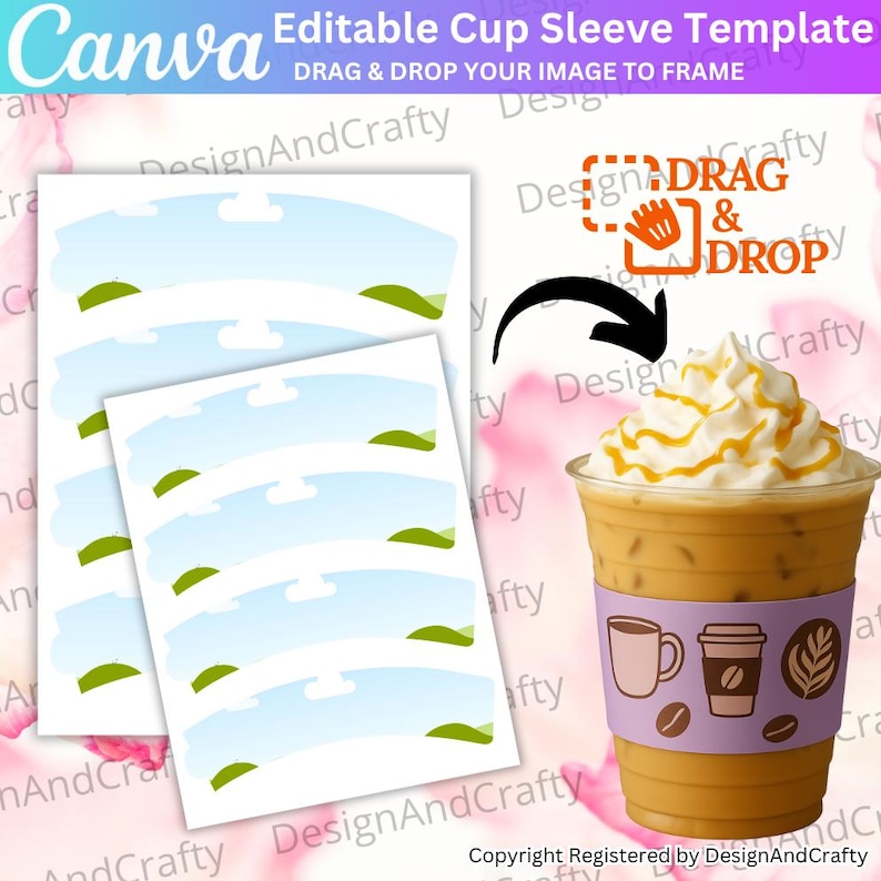 K&ouml;nnte beinhalten: Eine editierbare Becherh&uuml;llen-Vorlage mit einem Design aus blauem Himmel und gr&uuml;nen H&uuml;geln. Das Bild enth&auml;lt ein Mock-up eines Eiskaffees mit einer lila H&uuml;lle mit kaffeebezogenen Grafiken. Das Canva-Logo ist sichtbar.