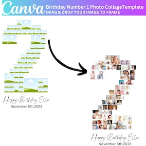 以下が含まれることがあります： 2歳の誕生日用の写真コラージュテンプレート。テンプレートは数字の2の形で、緑と青の風景のデザインになっています。テンプレートの下には「Happy Birthday Ella November 5th, 2022」というテキストがあります。