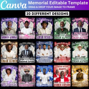 Puede incluir: Una plantilla conmemorativa de Canva con 20 diseños diferentes. Cada diseño presenta un retrato de una persona con alas de ángel, fechas y texto como "In Loving Memory Of" y "Forever in Our Hearts."