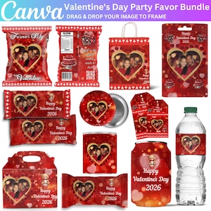May include: A Valentine's Day party favor bundle featuring various red-themed items. The items include bags, candy wrappers, a button, tags, and a water bottle, all with heart-shaped photo cutouts and the text "Happy Valentine's Day 2026."