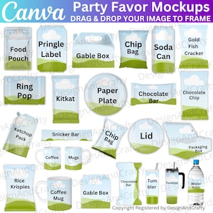 Könnte beinhalten: Eine Sammlung von Party-Favoriten-Mockups mit verschiedenen Verpackungsdesigns. Enthält einen Lebensmittelbeutel, ein Pringle-Etikett, eine Gable-Box, einen Chip-Beutel, eine Limonadendose, einen Goldfisch-Cracker, Ring Pop, KitKat, einen Pappteller, einen Schokoriegel und einen Schokoladenchip.