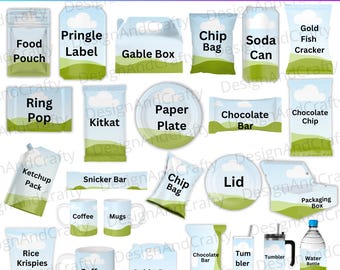 30 Party Favors Canva bearbeitbares Vorlagenpaket, Party Favor Mockups, Schokoriegel, Chip Tasche, Wasserflaschenetikett, Giebelbox, Party Favor