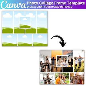 May include: A digital photo collage frame template with a grid layout, featuring a sky and landscape design. The template includes the text "Canva" and "Photo Collage Frame Template". The bottom section shows a completed collage with family photos.