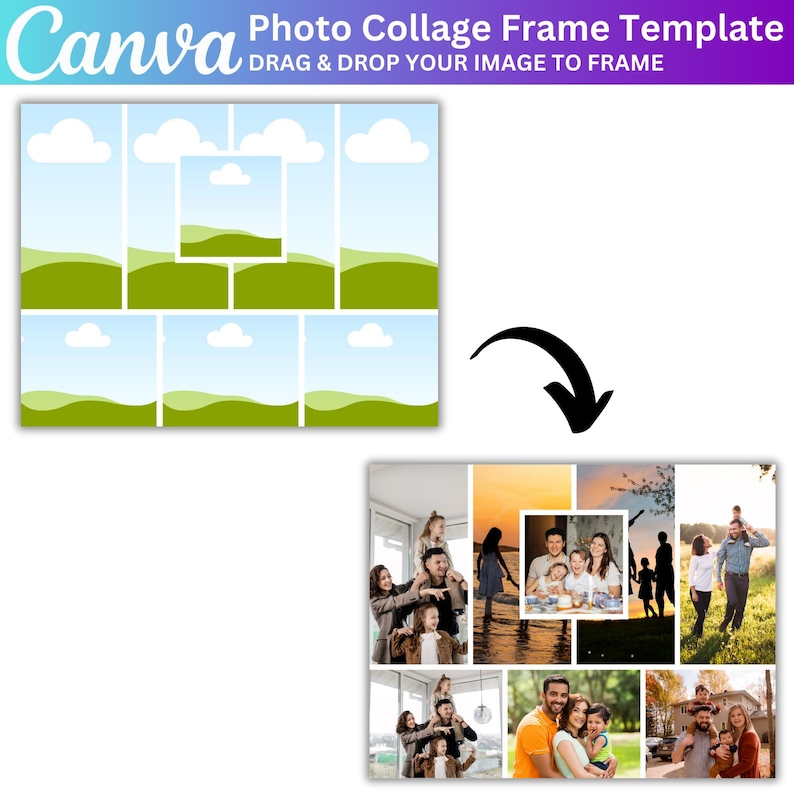 May include: A digital photo collage frame template with a grid layout, featuring a sky and landscape design. The template includes the text "Canva" and "Photo Collage Frame Template". The bottom section shows a completed collage with family photos.