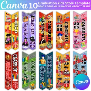 Plantilla editable de Canva para estola de graduación infantil, estola infantil de graduación 2025, banda infantil de sublimación 2025, estola infantil, plantilla de Canva para estola infantil