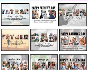 May include: A digital collage of nine printable Father's Day cards. Each card features a different design of the word "DAD" or "FATHER" made up of photos. The cards are all in a gray and white color scheme and have a simple, modern design. The text on the cards reads "Happy Father's Day" and "To the world you may be one person, but to me you are the world."