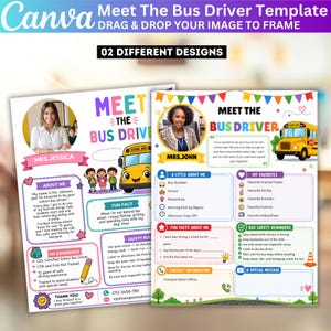 02 Meet the Bus Driver Template, Back to School School Bus Rules, Editable Canva Bus Driver Note Safety Introduction, School Transportation