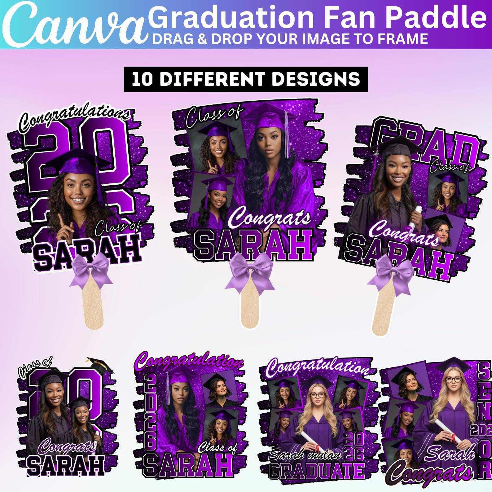 10 Purple Grad Fan Canva Editable Template, Custom Graduation Paddle ...