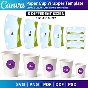 Pappersmuggomslag Canva redigerbar mallpaket, pappersmuggmall Svg Png, 4oz-8oz-9oz-12oz-16oz pappersmugg tom kaffemuggomslag