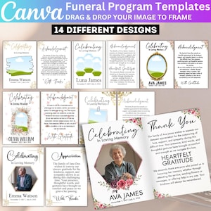 May include: A collection of 14 funeral program templates with various designs. The templates feature floral accents, photo frames, and text such as "Celebrating In Loving Memory" and "Thank You". The Canva logo and text "Drag & Drop Your Image to Frame" are visible.