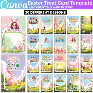 May include: A collection of 30 Easter treat card templates with various designs. Each card features colorful illustrations of Easter bunnies, eggs, chicks, and children. The cards have a white frame and the words "Happy Easter" are displayed on some of them.