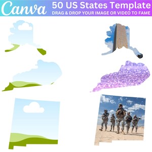 Op de afbeelding: Een sjabloon voor het maken van een collage van de 50 Amerikaanse staten. Het sjabloon bevat contouren van elke staat, met een verscheidenheid aan afbeeldingen en achtergronden om uit te kiezen. De tekst "50 US States Template" en "Drag & Drop Your Image or Video to Fame" wordt bovenaan de afbeelding weergegeven.