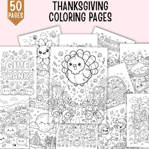 May include: A collection of 50 Thanksgiving coloring pages featuring black and white line art illustrations of turkeys, pumpkins, corn, autumn leaves, and children celebrating. The text "50 PAGES" and "THANKSGIVING COLORING PAGES" is visible.