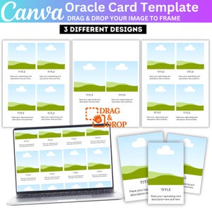 Op de afbeelding: Een digitaal sjabloon voor orakelkaarten, met drie verschillende ontwerpen. Het sjabloon bevat placeholders voor afbeeldingen en tekst, met de woorden "Canva Oracle Card Template" en "Drag & Drop Your Image to Frame" zichtbaar.