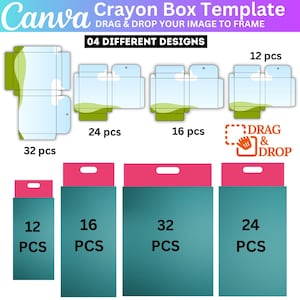 May include: A template for crayon boxes with four different designs. The image shows the box templates in various sizes, including 12, 16, 24, and 32 pieces. The design includes a drag and drop feature for easy customization.