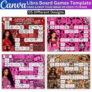 May include: A digital Canva template for a Libra SZN board game featuring four distinct designs with leopard print backgrounds in pink, red, and brown. Each board includes a start and finish point, various activity squares, and text.