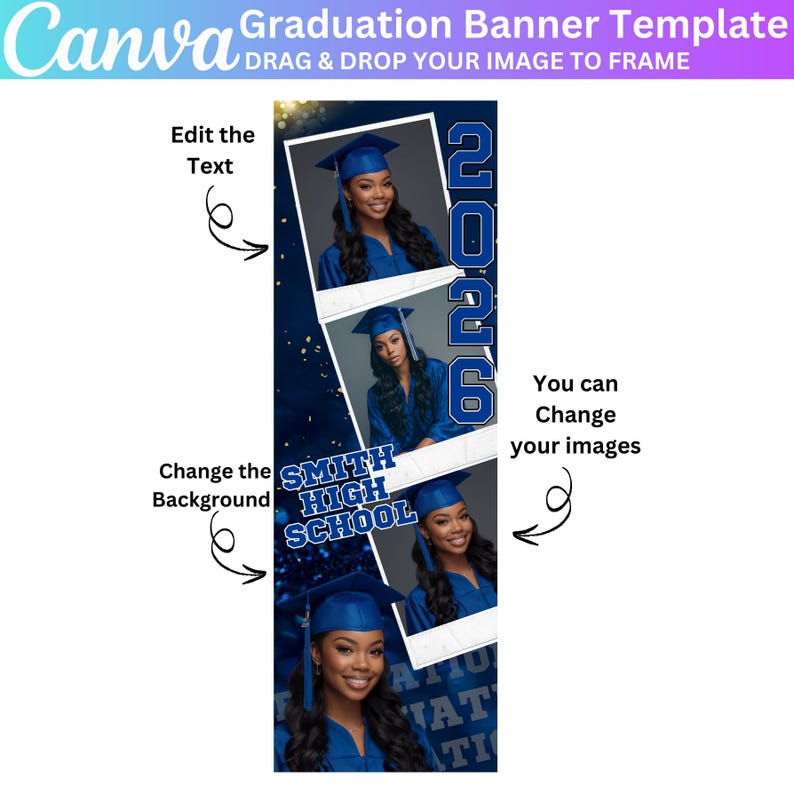 03 Graduation Banner Canva Editable Template, Class of 2026 Celebration, Blue Graduation Banner for Grad Parties, Large Format Grad Banner image 5