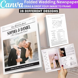 May include: A folded wedding newspaper design with the text "SOPHIA & DANIEL Are Tying the Knot". The newspaper features a photo of a couple and the words "United in love, we create our forever."