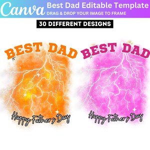 Puede incluir: Un dise&ntilde;o de plantilla digital para el D&iacute;a del Padre. El dise&ntilde;o presenta las palabras "BEST DAD" en naranja y rosa, con un gr&aacute;fico de rayo. El texto "Happy Father's Day" est&aacute; debajo. El logotipo de Canva est&aacute; en la esquina superior izquierda.