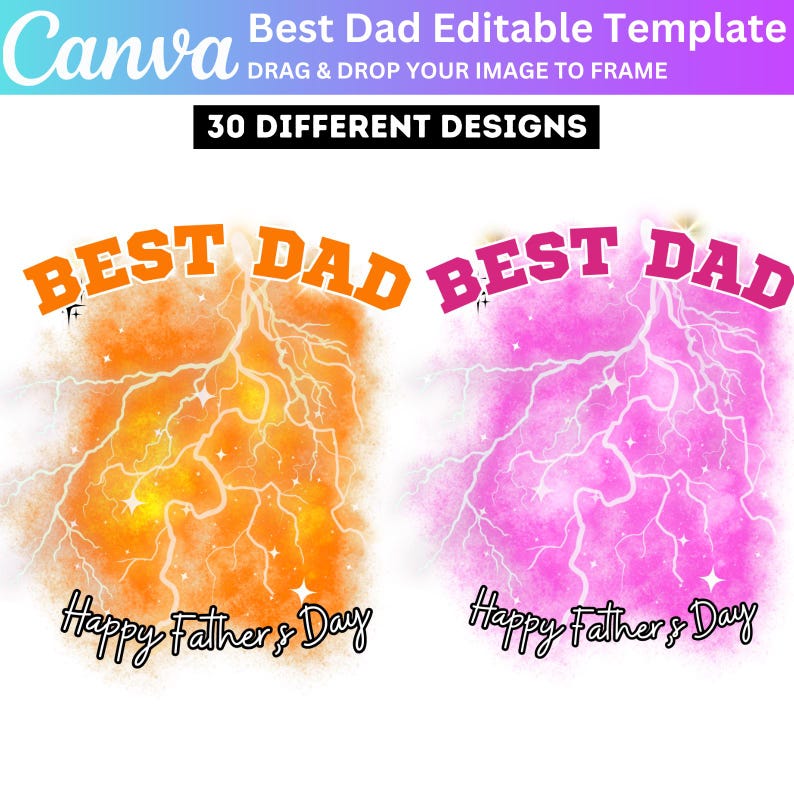 Puede incluir: Un dise&ntilde;o de plantilla digital para el D&iacute;a del Padre. El dise&ntilde;o presenta las palabras "BEST DAD" en naranja y rosa, con un gr&aacute;fico de rayo. El texto "Happy Father's Day" est&aacute; debajo. El logotipo de Canva est&aacute; en la esquina superior izquierda.