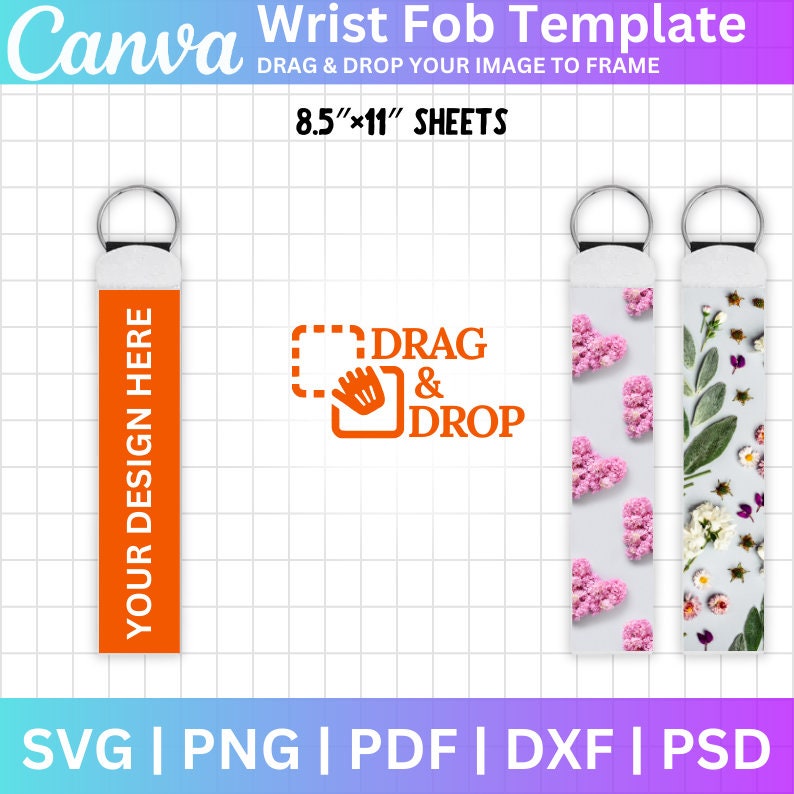 Op de afbeelding: Twee polsband-sjablonen met een witte achtergrond. De eerste sjabloon heeft een oranje achtergrond met de tekst "YOUR DESIGN HERE". De tweede sjabloon heeft twee ontwerpen, een met roze bloemen en de andere met witte en groene bloemen. De tekst "DRAG & DROP" is oranje met een gestippelde lijn eromheen.