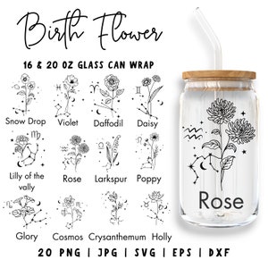 Pacote SVG de flores para 12 meses de nascimento, flor de nascimento, envoltório completo Libbey de 16 onças, xícara de café de flores silvestres, Svg botânico, buquê de flores, presente de aniversário