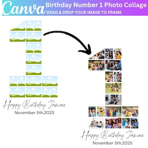 Puede incluir: Una plantilla de collage de fotos para un primer cumpleaños. La plantilla tiene la forma del número uno y tiene un fondo verde y azul. El texto "Happy Birthday Janine" y "November 5th, 2025" está incluido en la plantilla.